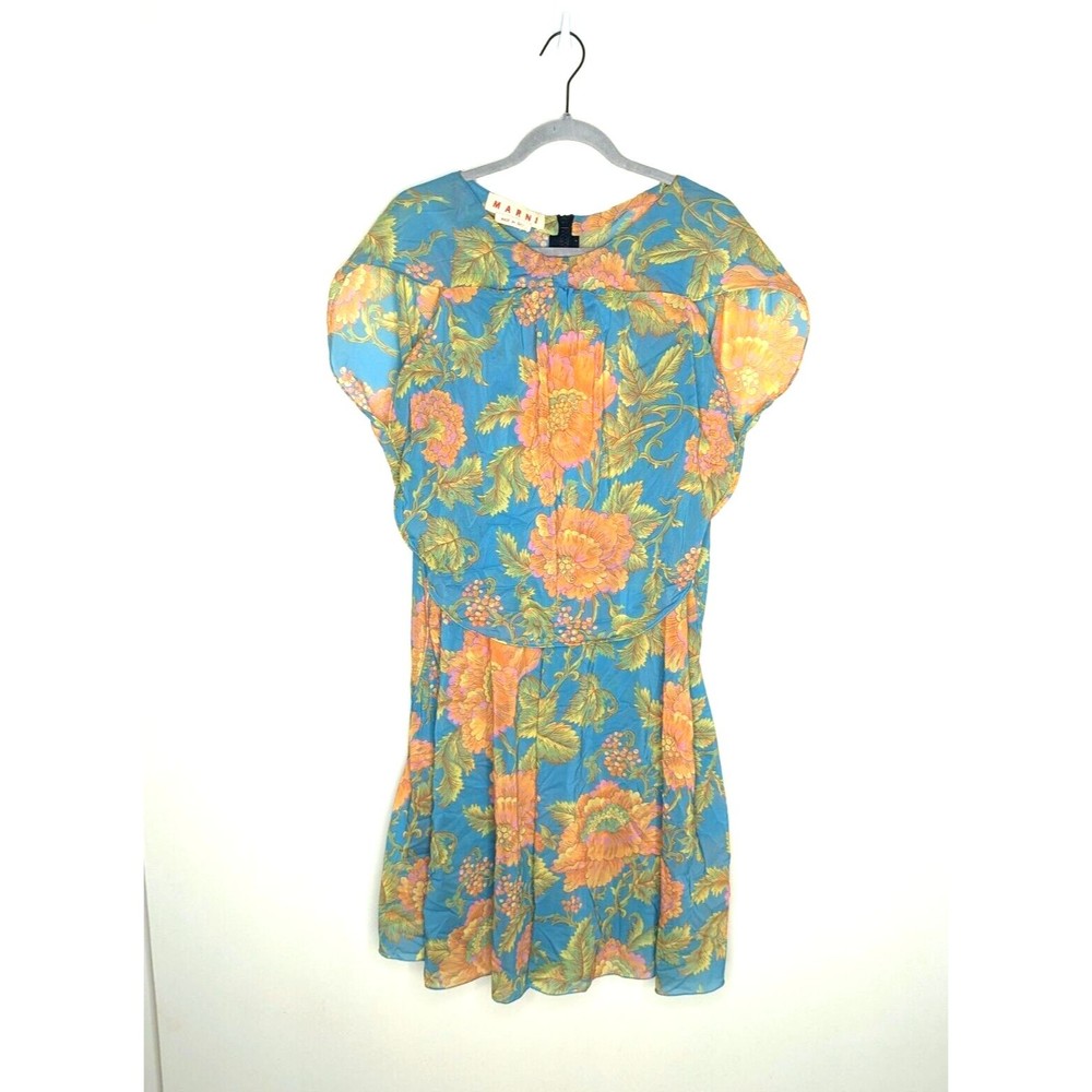 Marni Dress Womens 44 Blue Orange Silk Blend Floral Mini Flowy Airy Aline